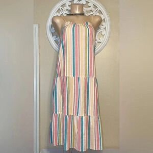 Roxy women’s midi small dress stripe spaghetti linen white yellows pink beach